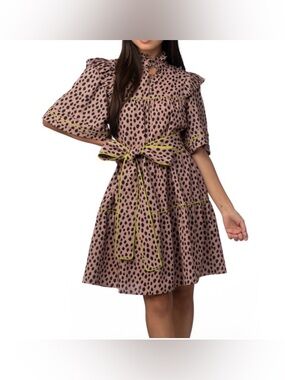 CROSBY by Mollie Burch Pink Leopard-Print Mini Dress with Green Trim